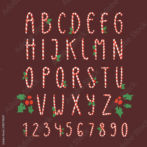 Christmas font candy cane vector type alphabet New Year card print design font characters and numbers for invinattion design Xmas design