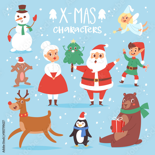 Christmas vector characters cute cartoon Santa Claus, snowman, Rreindeer, Xmas bear, Santa wife, dog New Year symbol, elf child boy and penguin individual characteristics illustration