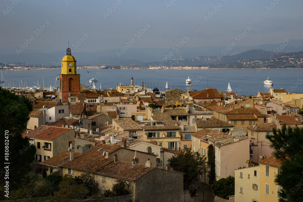 Horizontal cityscape of St. Tropez, France with Mediterranean Sea