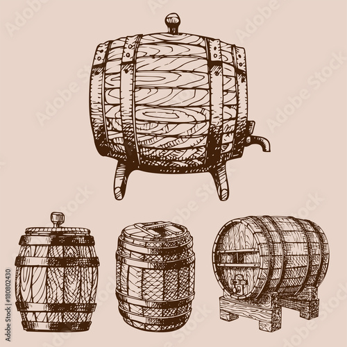 Wooden barrel vintage old hand drawn sketch storage container liquid beverage fermenting distillery cargo drum lager vector illustration.