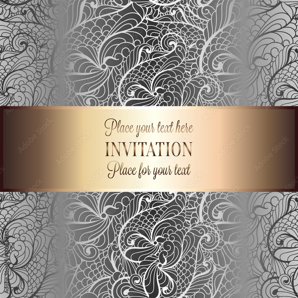 Baroque background with antique, luxury black and silver vintage frame, victorian banner, damask floral wallpaper ornaments, invitation card, baroque style booklet, fashion pattern,template for design