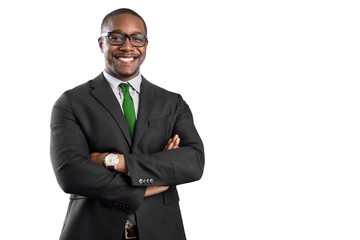 Proud cheerful smiling successful african american business man isolated on white background