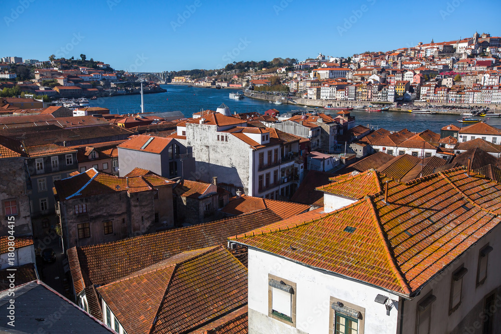 View of Douro river and Ribeiro from Vila Nova de Gaia, Porto, Portugal.