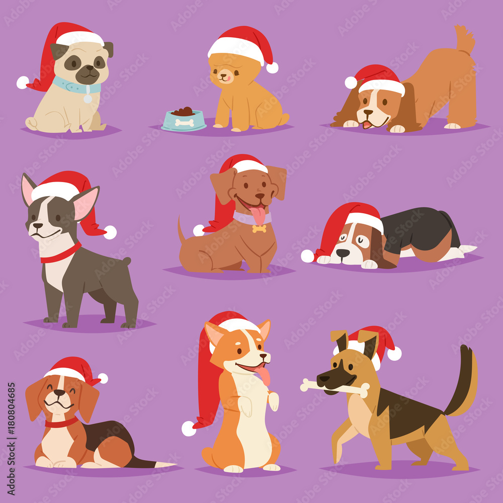 Fotografie Christmas dog vector cute cartoon puppy characters illustration home pets doggy