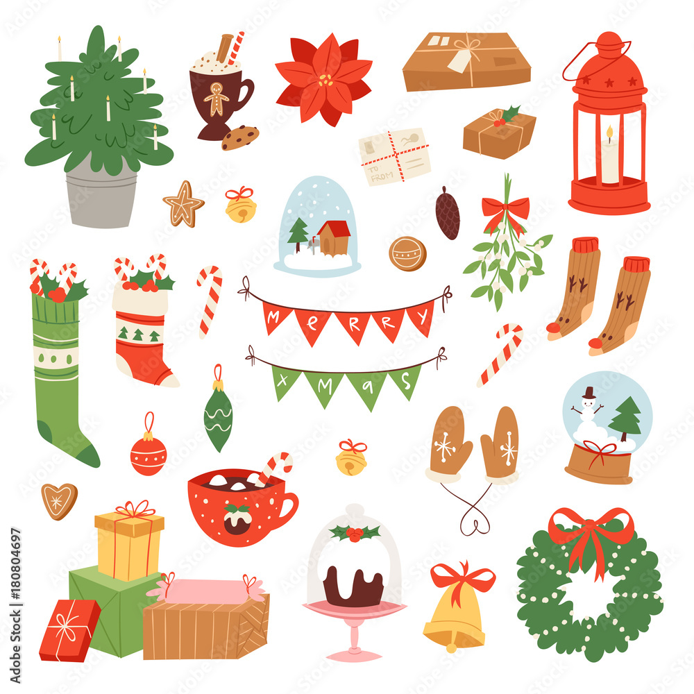 Φωτογραφία Christmas icons symbols vector for New Year celebration decoration illustration of Xmas festive ornament symbols