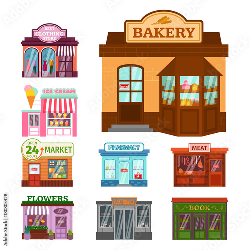 Vector flat design restaurant shops facade storefront market building architecture showcase window illustration.