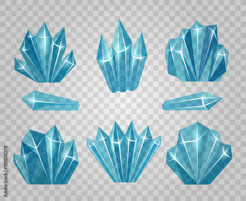 Ice crystals. Icy water cubes isolated on transparent background and icicle cold blocks vector illustration