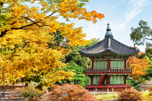 Wonderful view of Hyangwonjeong Pavilion at autumn garden, Seoul