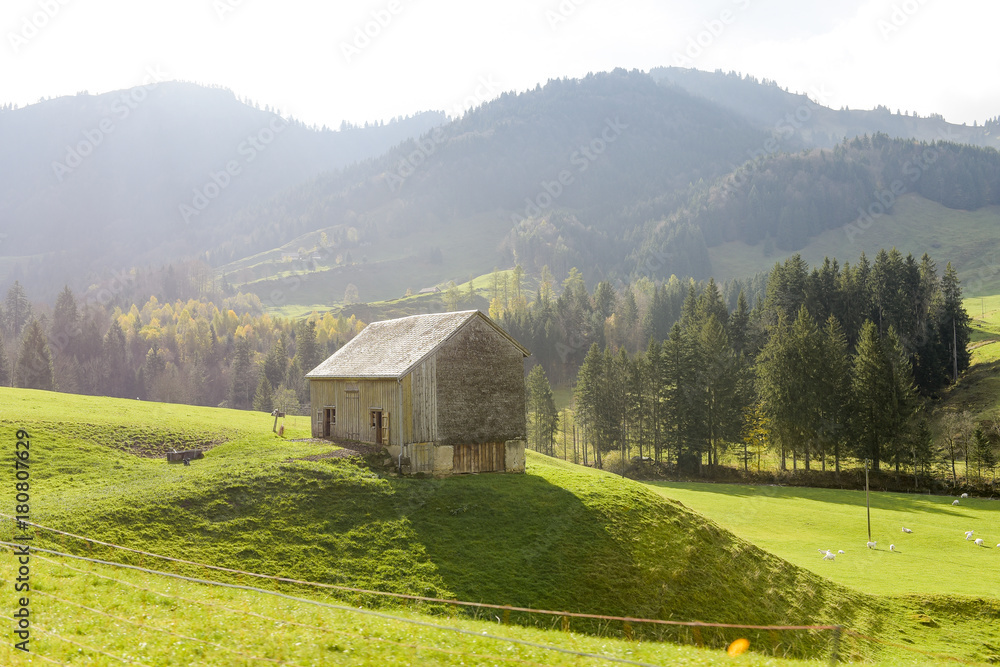 Green countryside village landscape at Autumn in Switzerland