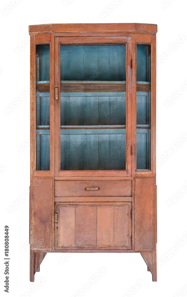 Ancient wooden cabinet with glass inserts in the door isolated on white background