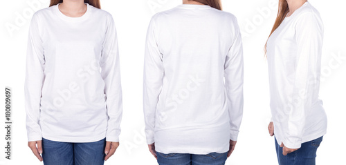 woman in white long sleeve t-shirt isolated on white background photo