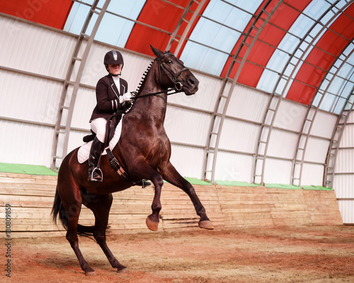 Jockey rides horse in arena