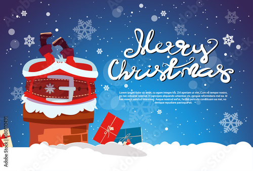 Santa Claus Stack In Chimney Merry Christmas And Happy New Year Banner With Copy Space Flat Vector Illustration