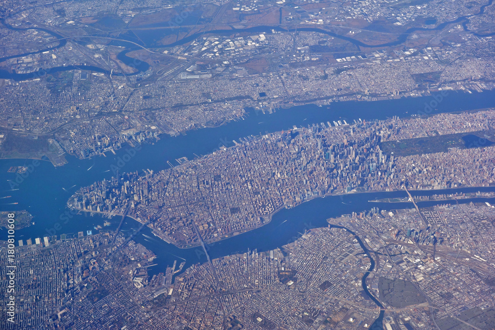 Aerial view of New York City with the East River and Hudson River