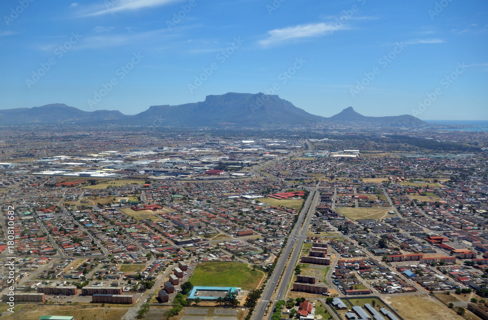 Aerial view of Cape Town in South Africa with the Table Mountain in the background