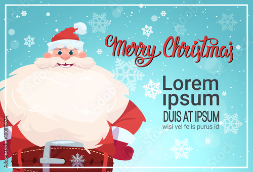 Santa Claus On Merry Christmas Greeting Card Holiday Banner With Copy Space Flat Vector Illustration