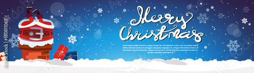 Santa Claus Stack In Chimney Merry Christmas And Happy New Year Horizontal Banner With Copy Space Flat Vector Illustration