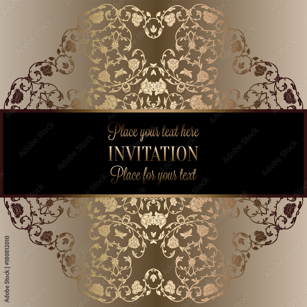 Floral background with antique, luxury beige and gold vintage frame, victorian banner, damask floral wallpaper ornaments, invitation card, baroque style booklet, fashion pattern, template for design