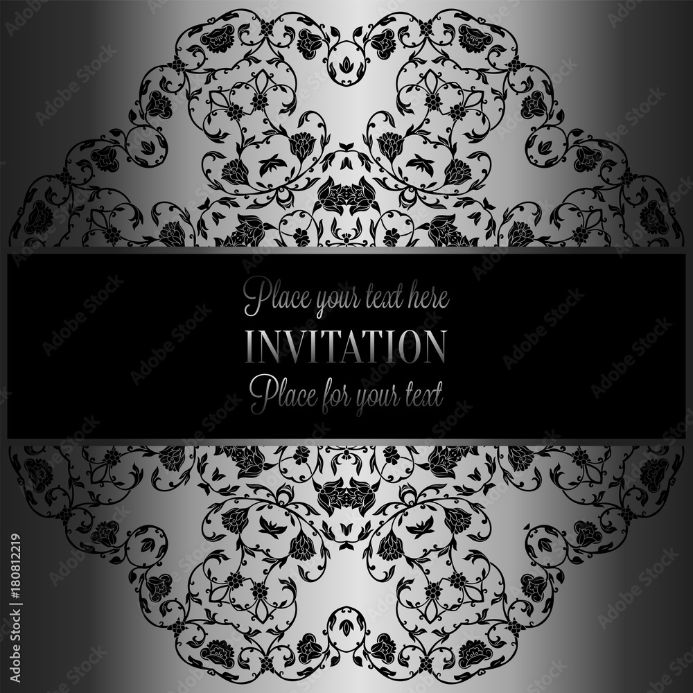 Floral background with antique, luxury black, metal silver and gray vintage frame, victorian banner,damask floral wallpaper ornaments, invitation card, baroque style booklet, fashion pattern, template