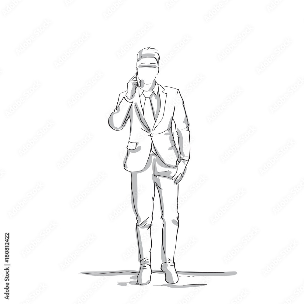 Business Man Sketch Talking On Phone Conversation Silhouette Businessman In Suit Full Length Male On White Background Vector Illustration