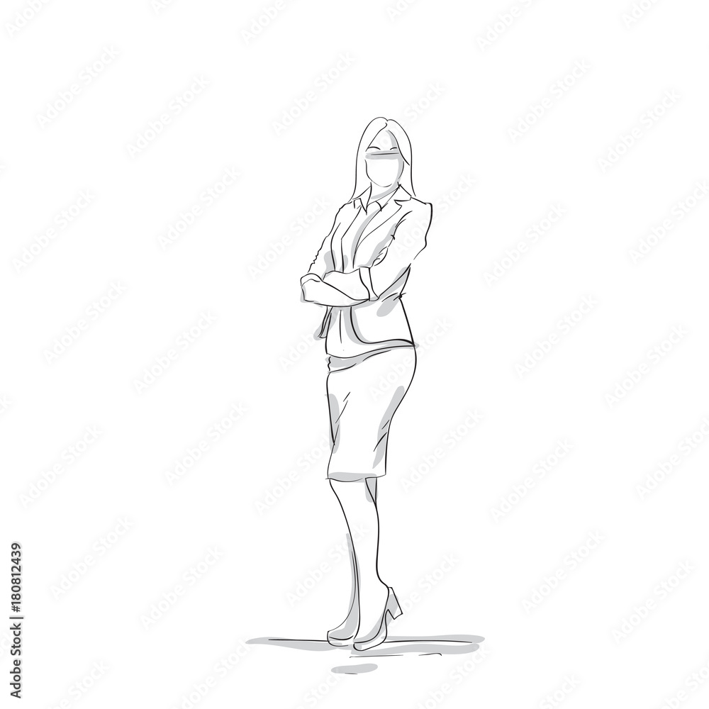Business Woman Silhouette Standing With Folded Arms Full Length Female Businesswoman Skecth On White Background Vector Illustration