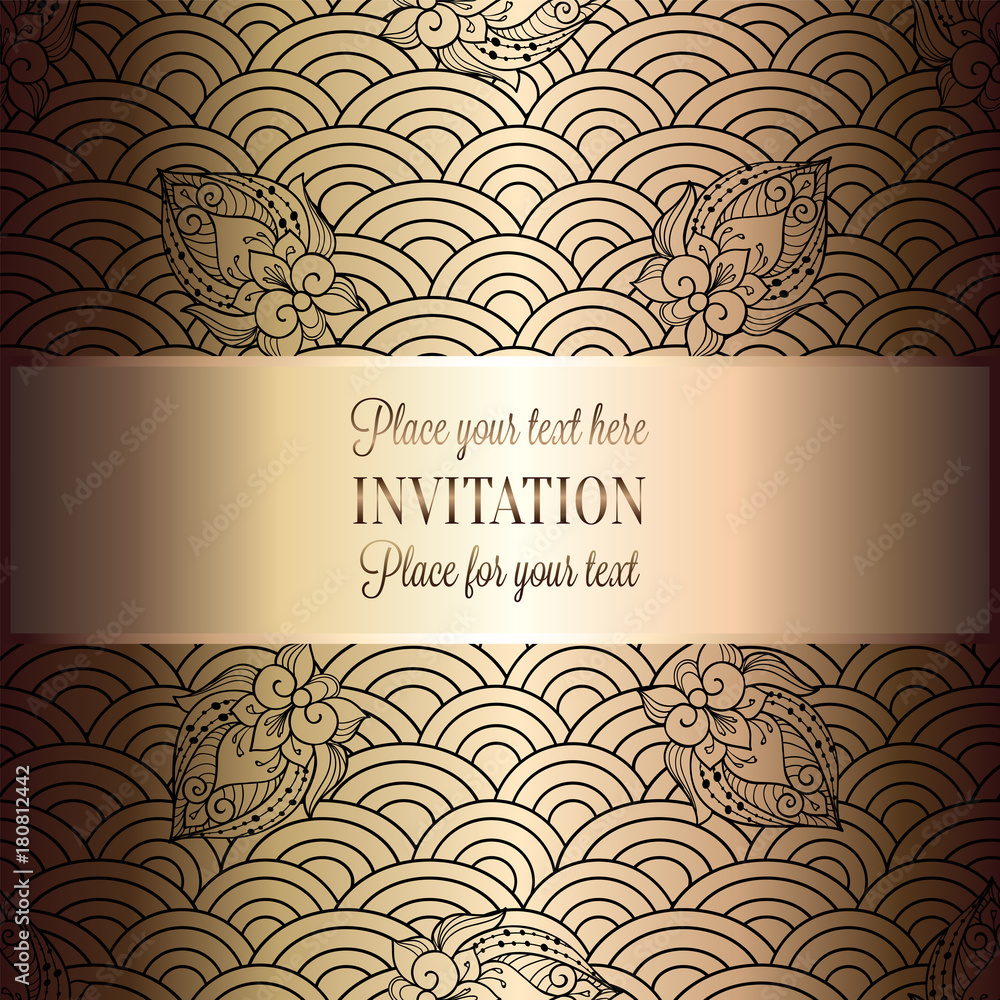 Vector abstract wavy invitation card with geometrical fish scale layout. Rich gold and beige tracery background. Fan shaped stylized ocean waves. Fish scales with decorative flowers