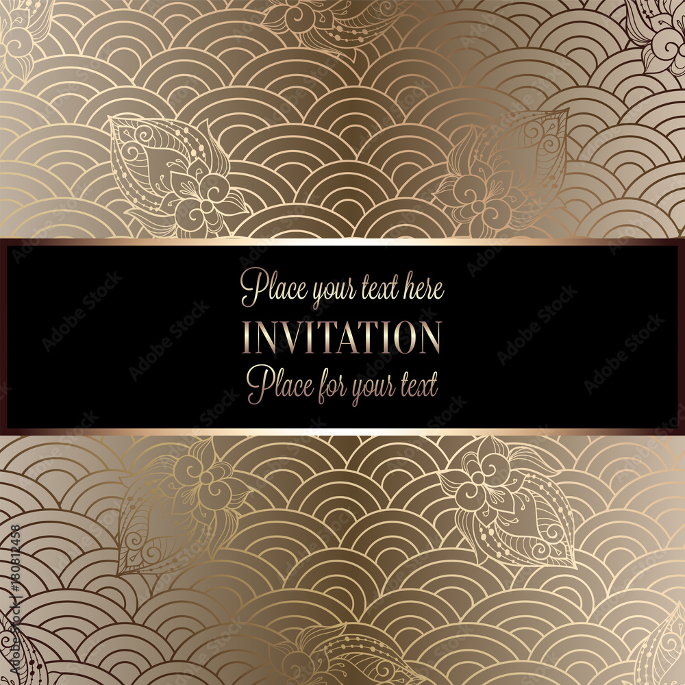 Vector abstract wavy invitation card with geometrical fish scale layout. Rich gold and beige tracery background. Fan shaped stylized ocean waves. Fish scales with decorative flowers Vector abstract wavy invitation card with geometrical fish scale layout. Rich gold and beige tracery background. Fan shaped stylized ocean waves. Fish scales with decorative flowers