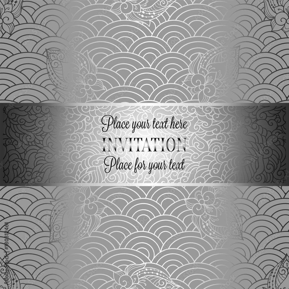 Vector abstract wavy invitation card with geometrical fish scale layout. Silver grey tracery on a gray background. Fan shaped stylized ocean waves. Fish scales with decorative flowers Vector abstract wavy invitation card with geometrical fish scale layout. Silver grey tracery on a gray background. Fan shaped stylized ocean waves. Fish scales with decorative flowers