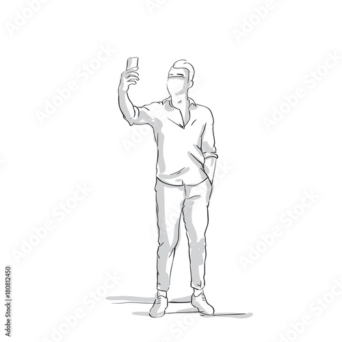Silhouette Business Man Talking Selfie Photo Portrait, Male Sketch Hold Cell Phone Vector Illustration