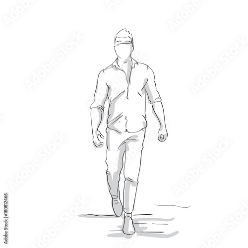 Fototapeta Naklejka Na Ścianę i Meble -  Silhouette Business Man Making Step Forward Sketch Businessman Full Length Figure On White Background Vector Illustration