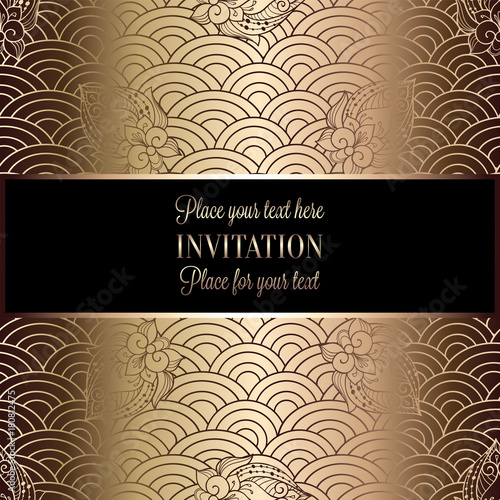 Vector abstract wavy invitation card with geometrical fish scale layout. Rich gold and beige tracery background. Fan shaped stylized ocean waves. Fish scales with decorative flowers