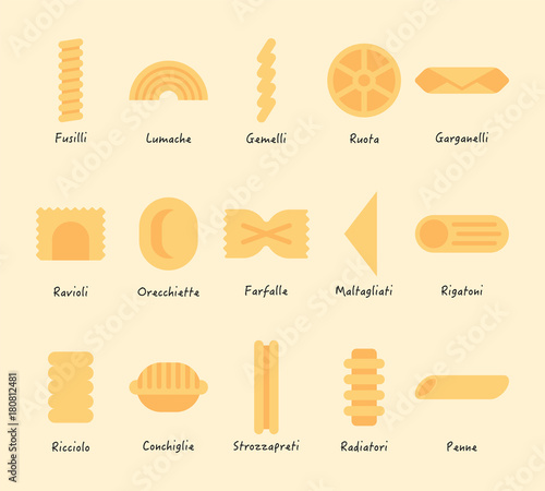 Types of Pasta vector flat design illustration set 