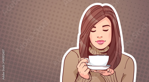 Portrait Of Beautiful Woman Holding Cup With Hot Beverage Over Vintage Pop Art Background Vector Illustration
