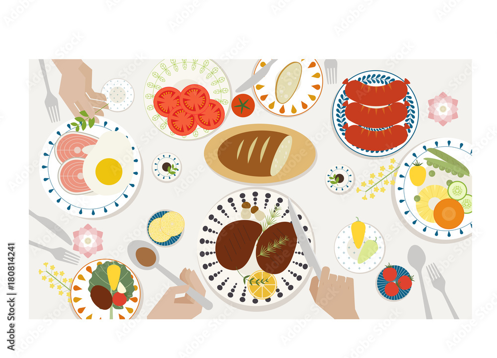 top view food table and hand vector flat design illustration set 