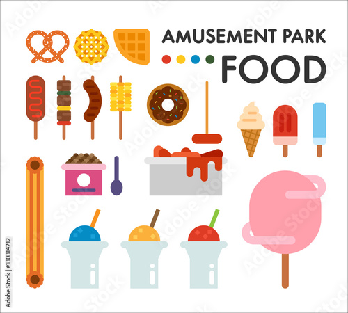 amusement park food snack vector flat design illustration set 