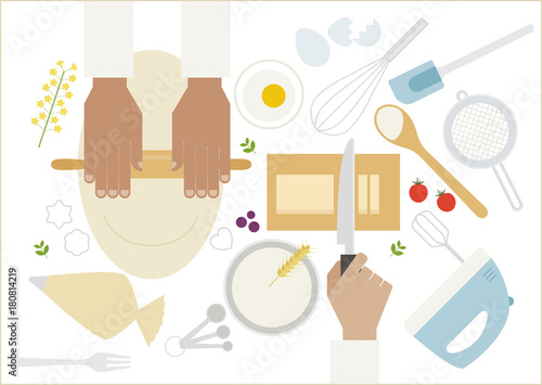 baking top view table and hand vector flat design illustration set 