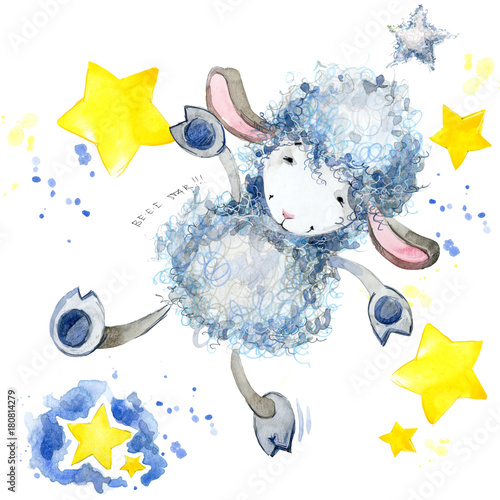 Obraz na płótnie Słodkie owce. akwarela ilustracja. Projekt koszulki owczej. Tło owiec i gwiazd