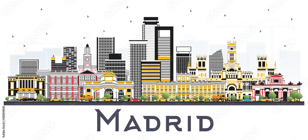 Fototapeta premium Madrid Spain Skyline with Gray Buildings Isolated on White Background.