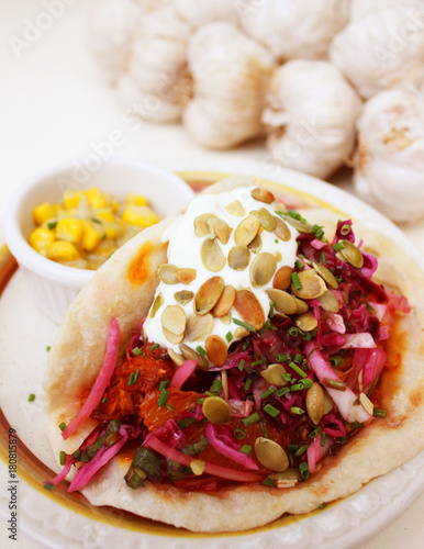 Gourmet Chicken Confit Taco with Pickled Cabbage Slaw and Pepitas