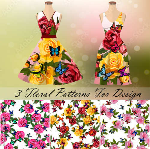 Dress with an trendy rose and butterflies design