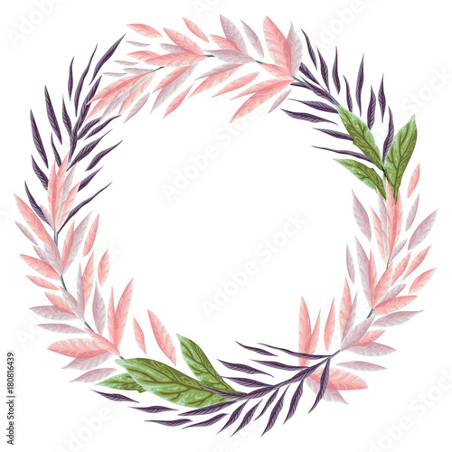 Wreath with marine plants, leaves and seaweed. Hand drawn marine flora in watercolor style. Vector illustration