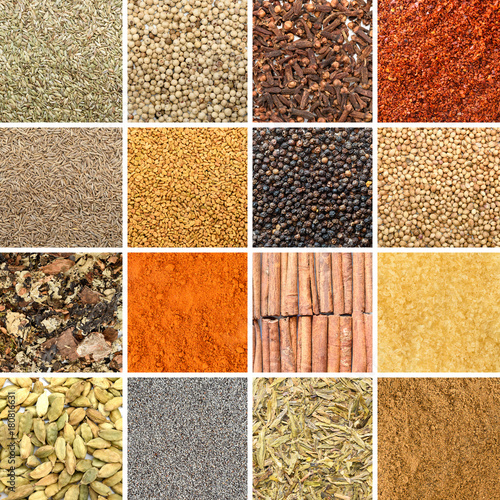 Collage of different herbs and spices photo