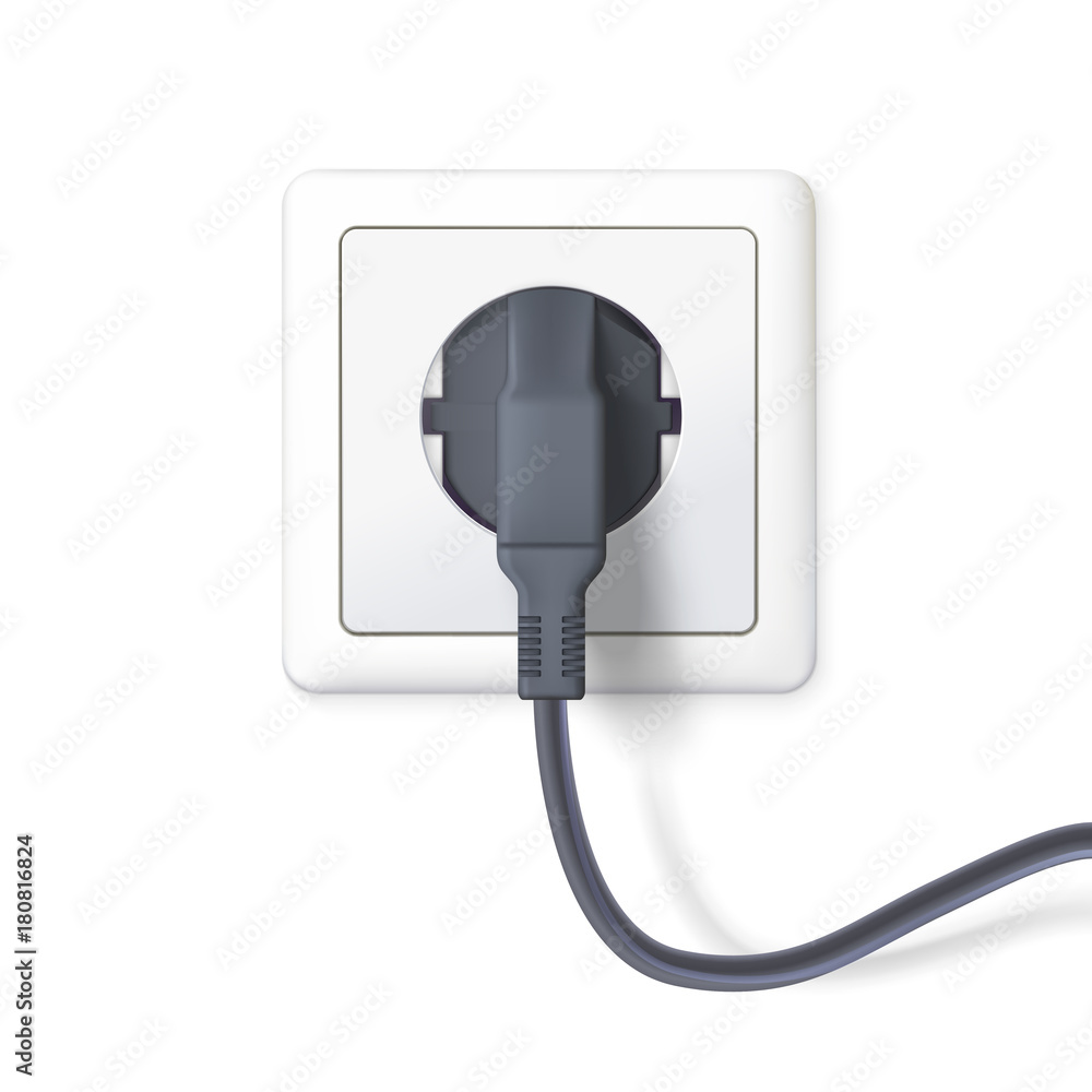 The black plug is plugged into the power lines. Plug inserted in a white wall socket. Icon of device for connecting electrical equipment. 3D illustration isolated on white background. The black plug is plugged into the power lines. Plug inserted in a white wall socket. Icon of device for connecting electrical equipment. 3D illustration isolated on white background.