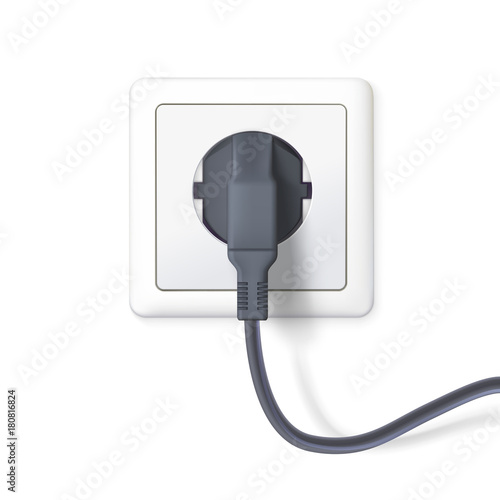 The black plug is plugged into the power lines. Plug inserted in a white wall socket. Icon of device for connecting electrical equipment. 3D illustration isolated on white background.