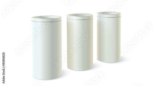Set of round tins of packaging for bulk products. Container cylindrical shaped, icon of blank round tin cans template. Vector 3D illustration isolated on white background.