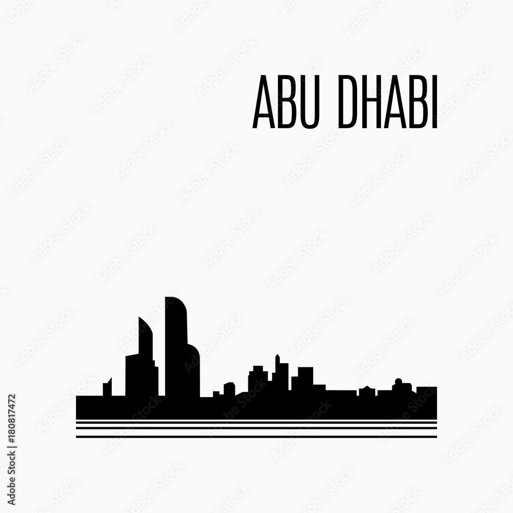 Abu Dhabi City skyline black silhouette modern typographic design.  Architecture of United Arab Emirates. UAE capital panorama landmark. Vector illustration
