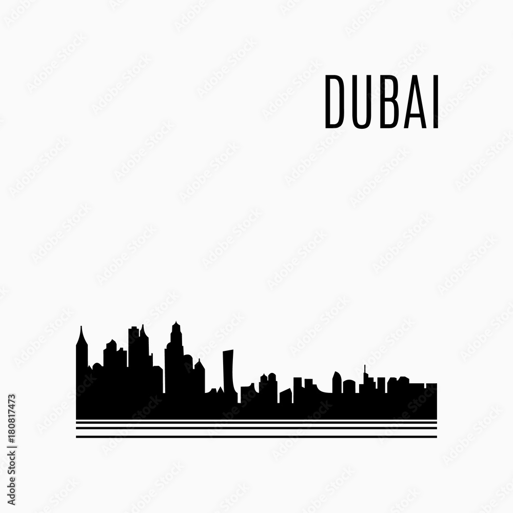 Dubai City skyline black silhouette modern typographic design. Architecture of United Arab Emirates. UAE biggest city panorama landmark. Vector illustration Dubai City skyline black silhouette modern typographic design. Architecture of United Arab Emirates. UAE biggest city panorama landmark. Vector illustration