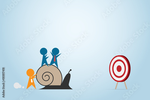orange leader pushing snail with blue employee faster to dash board, leadership and business concept