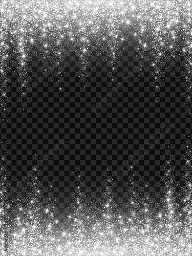 Snow frost Effect on Transparent Background . Abstract bright white shimmer lights and snowflakes. Glowing blizzard. Scatter falling round particles.