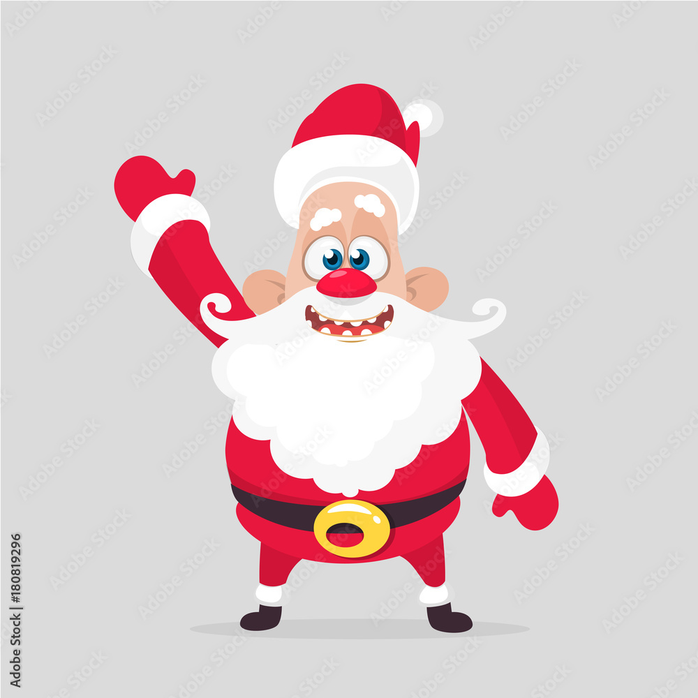 Funny cartoon Santa claus character waving hand isolated white background. Vector Christmas illustration Funny cartoon Santa claus character waving hand isolated white background. Vector Christmas illustration